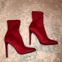 Red Ankle Boot With Pointed Toe. Satin Like Material, Not That Stretchy. No Zipper So It Is A Slide On Boot. Never Worn, Size 36 Red Ankle Boots, Pointed Ankle Boots, Slide On, Steve Madden Shoes, Shoes Heels Boots, Shoes Women Heels, Steve Madden, Heeled Boots, Ankle Boot