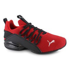 PUMA Axelion Two-Tone Mesh Running Shoes For Gym, Mesh Running Shoes With Laces For Gym, Dynamic Mesh Running Shoes With Laces, Synthetic Gym Sneakers With Laces, Casual Basketball Shoes With Air Max Cushioning For Gym, Lace-up Mesh Basketball Shoes In Athleisure Style, Red Dynamic Mesh Sneakers, Dynamic Red Mesh Sneakers, Mesh Basketball Shoes For Training