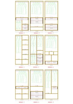 four rows of clothes hangers with green and yellow lines on the top, one row is