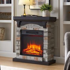 a living room with a fire place and bookshelves