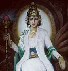 a painting of a woman in white dress holding a staff and wearing a tiara