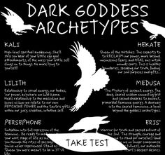 the dark goddess archetys are written in black and white, with different types of birds