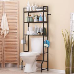 a bathroom with a toilet and shelves on the wall, along with other items for cleaning