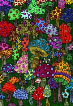 a painting of many different colored mushrooms