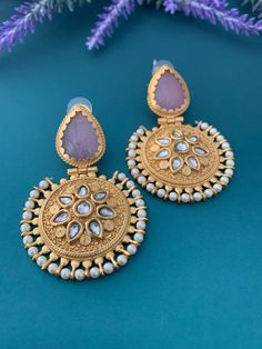 Gold plated amrapali earring. Carved stone and kundan details. Pearl lining. about 3 inch long and 2 inch wide . Push back and very light weight. Kundan Stone Work Danglers Drop Earrings, Kundan Earrings, Carved Stone, Stone Carving, Gold Plate, Lavender, Plating, Carving, Stone