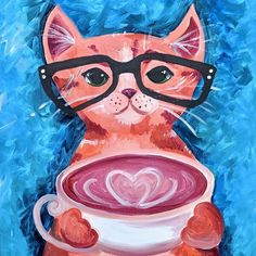 a painting of a cat wearing glasses holding a cup of coffee with a heart on it