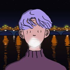 a man with purple hair standing in front of the water at night, looking to his left