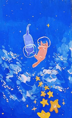 a painting of two cats floating in the water with stars around them and one cat is upside down