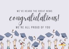 congratulations card with graduation caps and diplomas in the air, surrounded by people raising their hands