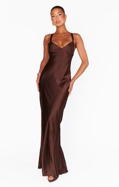 Anderson Maxi Dress ~ Chocolate Luxe Satin – Show Me Your Mumu Brown Hoco Dress Long, Brown Satin Dress Jewelry, Off The Shoulder Brown Dress, Long Dresses Casual Fall, Brown Silk Bridesmaids Dresses, Brown Long Formal Dress, Mocha Formal Dress, Brown Velvet Formal Dress, Brown Floor Length Dress