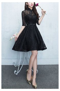 Modest Black Lace Tea Length Homecoming Dress With Sleeves Fitted Lace Knee-length Dress For Prom, Fitted Knee-length Lace Dress For Prom, Black Lace Dress With Short Sleeves For Formal Occasions, Black Lace Knee-length Wedding Dress, Black Knee-length Lace Wedding Dress, Black Lace Dress For Wedding And Prom Season, Black Knee-length Lace Dress For Wedding, Black A-line Lace Dress For Formal Occasions, Formal Black A-line Lace Dress