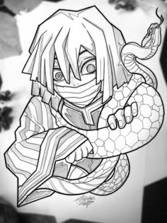 a drawing of an anime character with a snake on his arm and head in the background