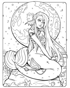 a mermaid sitting on top of a rock with the moon in the sky behind her