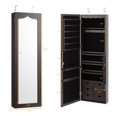 an open mirrored cabinet next to a mirror with drawers and measurements on the bottom side