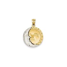 "Nature themed jewelry is always a great way to enhance your look. Our Sun and Moon Pendant is crafted in solid 14K Gold yellow and white gold. Polished to a brilliant shine, this is a wonderful piece of nature. Measures approximately: 3/4\" wide x 1\" long" White Pendant Jewelry With Sun And Moon Design, White Sun And Moon Pendant Jewelry, Celestial Moon Phase White Gold Jewelry, Celestial White Gold Moon Phase Jewelry, White Sun And Moon Design Pendant Jewelry, White Half Moon Celestial Jewelry, White Moon-shaped Celestial Jewelry, White Moon Shaped Celestial Jewelry, White Sun And Moon Round Pendant Jewelry