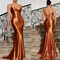 Gold Fitted Mermaid Dress For Formal Occasions, Copper Dress Outfit, Fall Wedding Guest Dress Formal, Orange Formal Dress, Boho Dress Formal, Elegant Satin Dress, Boho Dress Fall, Black Tie Wedding Guest Dress, Rust Color Dress