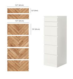 an image of a white cabinet with drawers and measurements for the top, bottom, and bottom