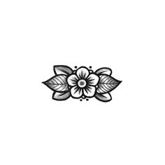 a black and white drawing of a flower with leaves on the bottom half of it