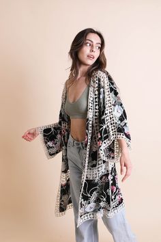 **This product is shipped by a third party warehouse within the US and may arrive separately from your complete order. Get touchy-feely with these beautiful embroidered summer kimonos. The soft fabric will make those hot nights much more bearable, and the delicately detailed designs are sure to impress anyone you encounter this season. 100% Viscose Imported Embroidered Kimono, Black Kimono, Summer Kimono, Summer Capsule Wardrobe, Womens Kimono, Western Boho, Wide Sleeves, Casual Party, Polished Look