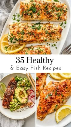 fish and vegetables on a plate with the words 35 healthy & easy fish recipes overlay