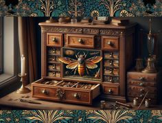 a painting of a bee on a chest of drawers in front of a window with candles