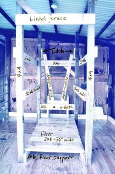 a white chair with different parts labeled on it's back and sides, sitting in a shed