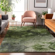 a living room filled with furniture and a green rug