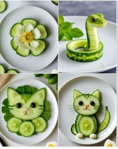 four pictures of cucumber cut into the shape of cats with flowers on them