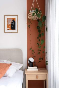 a bedroom with an orange accent wall and white bedding, along with a plant hanging on the wall