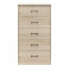 the chest of drawers is made from wood and has five drawers, one with two handles