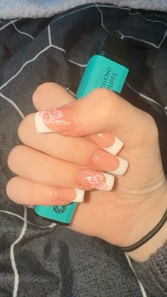 White french tip nails with pink hawaiian tropical flowers Hawaiian Flower Nails Square, Hawian Flower Nails, Hawian Nails, French Tip Nails With Pink, White French Tip Nails, Nails With Pink, Hawaii Nails, Overlay Nails