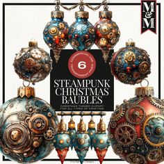 the cover of steampunk christmas baubles is shown in various colors and sizes