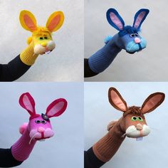 four different images of stuffed animals made to look like people's hands with gloves on