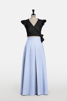 Long linen skirt with pockets and high waistband in light blue. The A-line skirt is a wide skirt perfect for special occasions. It has a nice pleat on the front. Skirt length: 110 centimeters; 43,3 inches Care recommendations: Cold water washing (no more than 30 degrees Celsius) is preferred, as well as machine washing in delicate mode. Use mild detergents. Don't use bleach. Do not tumble dry. Chic Blue A-line Maxi Skirt, Summer Voluminous Wide-leg Maxi Skirt, Voluminous Flared Wrap Skirt For Spring, Relaxed Wide Leg Maxi Dress For Spring, Blue Voluminous Maxi Skirt For Summer, Spring Maxi Dress With Relaxed Skirt And Wide Leg, Blue Full Maxi Skirt For Summer, Spring Pleated Wide-leg Maxi Dress, Summer Pleated Full Skirt Maxi Dress