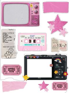 an old fashioned pink camera surrounded by stickers and other items to make it look like a video game