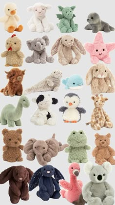 many different stuffed animals are arranged together