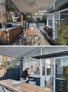 two pictures of people sitting at a table outside on the deck and in the kitchen