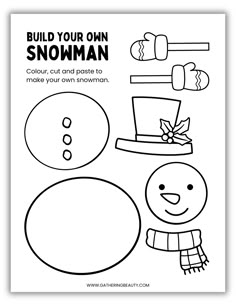 a snowman coloring page with the words build your own, and an image of a hat