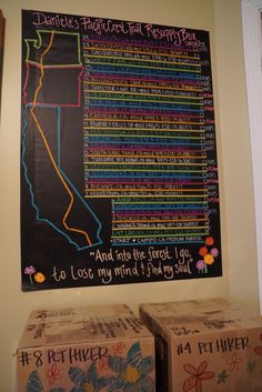 a chalk board with the state of california on it next to two boxes that are stacked in front of each other