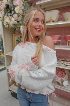 White Knit Off-shoulder Tops, White Off-shoulder Knit Top, Off-shoulder Sweater For Spring, Trendy Off-shoulder Knit Top, Knitted Off-shoulder Sweater For Spring, Spring Knitted Off-shoulder Sweater, Spring Off-shoulder Knitted Sweater, Sweater Outfit Winter, Sweater Bow