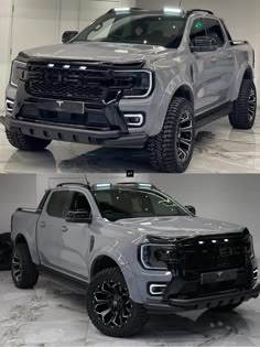 two different views of the front and side of a silver truck with black rims