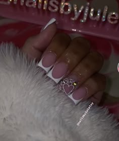 Baddie Short Acrylic Nails With Diamonds, Short Acrylic Nails With Jewels, Valentine’s Day Shorties Nails, Shorties Pink Acrylic Nails, Bedazzled French Tip Nails Short, Y2k Nails Acrylic Hello Kitty Short, Short Acrylics With Rhinestones, Square Nails Diamonds, Short French Tip Nails With Gems