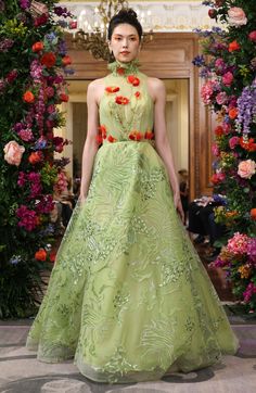 Spring Floral Embellished Ball Gown Evening Dress, Spring Ball Gown Evening Dress With Floral Applique, Spring Floral Applique Ball Gown Evening Dress, Spring Ball Gown With Floral Applique, Spring Floral Applique Ball Gown, Spring Garden Party Ball Gown, Elegant Organza Dress With 3d Embroidery, Fitted Green Gown With Floral Applique, Spring Gala Gown With Floral Applique