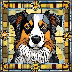 a close up of a dog in a stained glass window