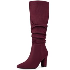 A slouchy silhouette updates a fashion-forward knee-high boot without a zipper lofted by a block heel and finished with a classic, pointy toe. These boots pair perfectly with your winter dresses. These knee-high boots are perfect for casual walking and lounging around. Slouchy Knee High Boots; Block Heel; Side Zipper; Pull-on; Low Heels; Vamp: Faux Suede; Outsole: Rubber; Heel: ABS; Heel Height: 3 1/3 inches; Shaft Height: 15 inches. Knee Heels, Heel Knee High Boots, Closed Toe Shoes, Block Heel Boots, Crazy Shoes, Halloween Women, Rubber Heels, Tall Boots, Suede Shoes