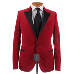 * Sleeve (Shoulder Seam To End Of Sleeve): 26 * Length (Bottom Of Collar): 28.5 * Shoulder To Shoulder: 17.25 * Pit To Pit: 19.5 * Waist (Across At Button): 18.25 Tailored Burgundy Outerwear For Formal Occasions, Formal Burgundy Blazer With Lapel Collar, Red Single Button Formal Blazer, Red Long Sleeve Tuxedo For Semi-formal Occasions, Red Long Sleeve Semi-formal Tuxedo, Luxury Red Blazer With Lapel Collar, Formal Red Tuxedo Style Blazer, Luxury Burgundy Blazer For Formal Occasions, Red Fitted Long Sleeve Tuxedo