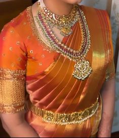 Designer Pattu Blouses, Telugu Bridal Blouse Designs, Orange Silk Saree Blouse Designs, Pattu Blouse With Border Designs, Pastel Kanchipuram Saree Bridal, Telugu Bride Look, Orange Blouse Maggam Work Designs, Trending Pattu Sarees, Pellikuthuru Sarees