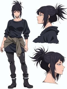 an anime character with black hair and boots, in various poses for different angles on her head