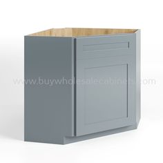 a gray cabinet with wooden doors and drawers on the bottom, in front of a white background