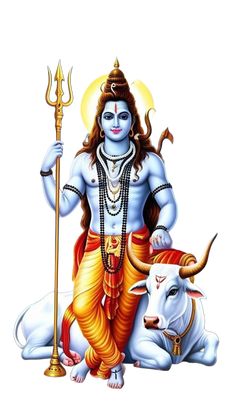 hindu god sitting on the ground with his cow and holding a stick in front of him